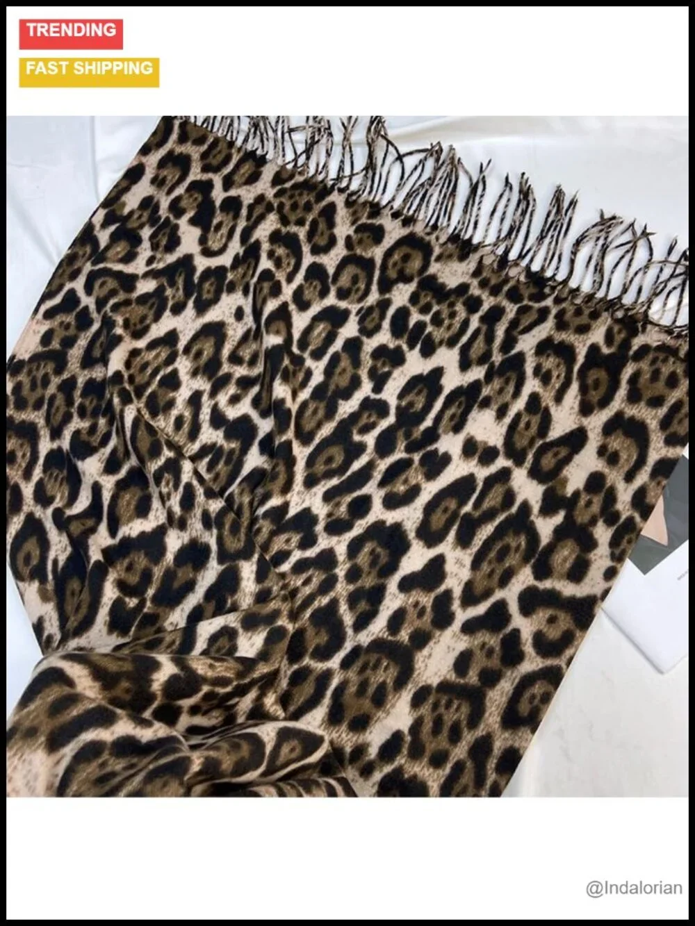 Oversized Leopard Print Scarf with Tassels - Soft Polyester Faux Viscose Winter